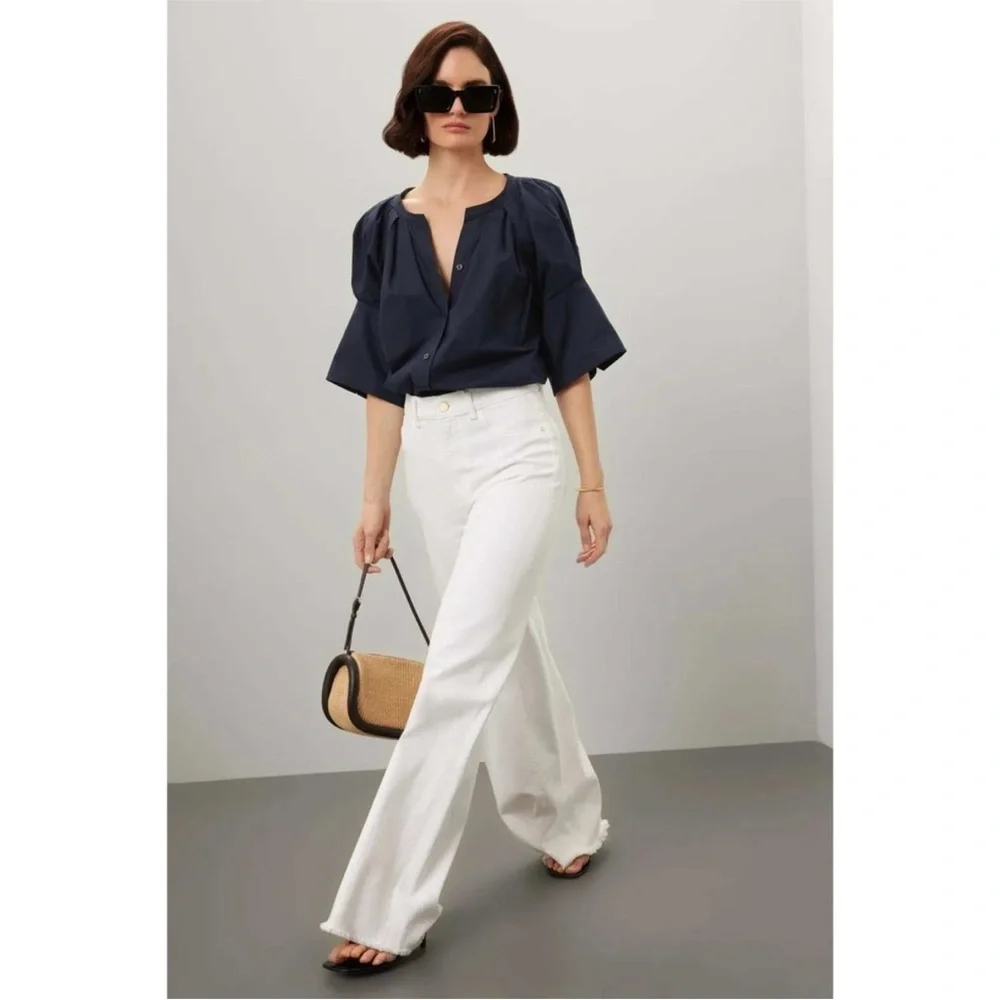 A.L.C. Chloe Blouse Top Navy Blue Cotton 1/2 Sleeve Button Down Sz 14 - Picture 2 of 9